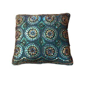 Pier 1 Beaded Sequin Decorative Throw Pillow Teal Blue Boho Glam Accent Cushion